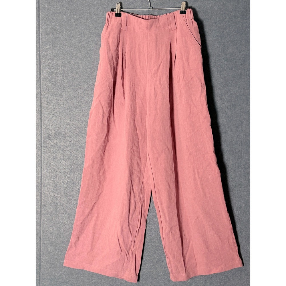 Women Flowy Wide Leg Pants Small Pink Peach Pleated High Waist Trousers Boho